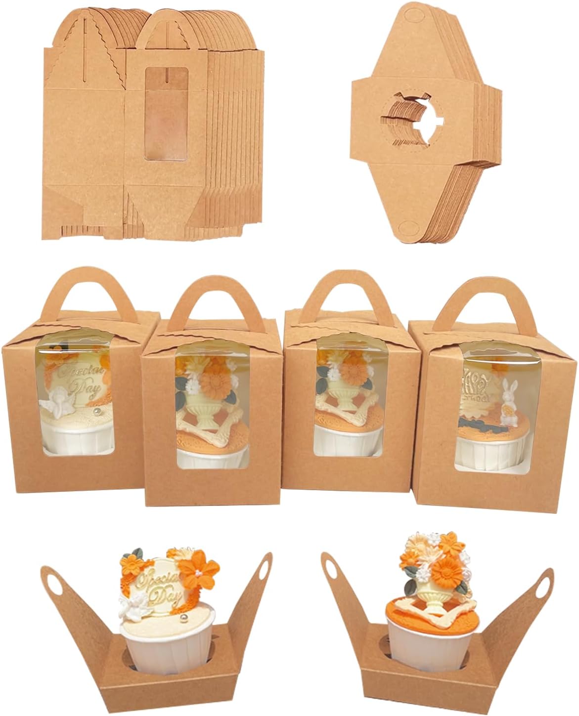 Bakepacker Auto-pop up Individual Cupcake Boxes with Window 60 Count Brown Single Cupcakes Box 3.6 x 3.6 x 4.3inch Cupcake Carrier