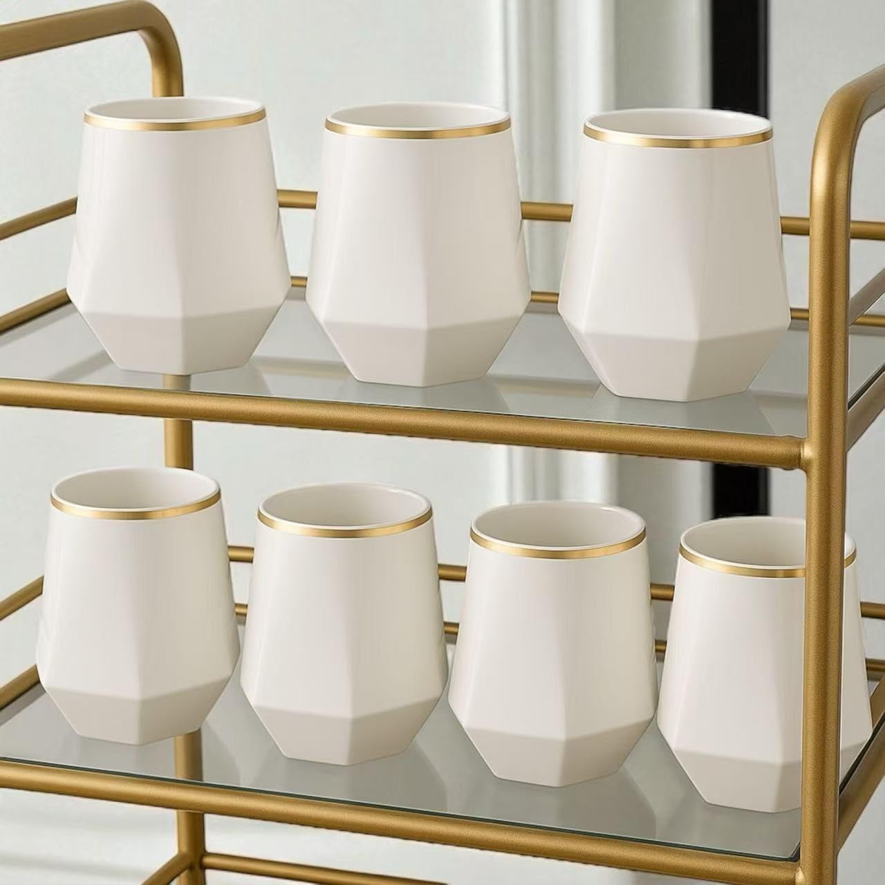 40 count Diamond Unbreakable Stemless Plastic Wine Champagne Whiskey Glasses Elegant Durable Disposable Indoor Outdoor Ideal for Home, Office, Bars, Wedding, 12 Ounce Cups (Diamond White Matte Gold)