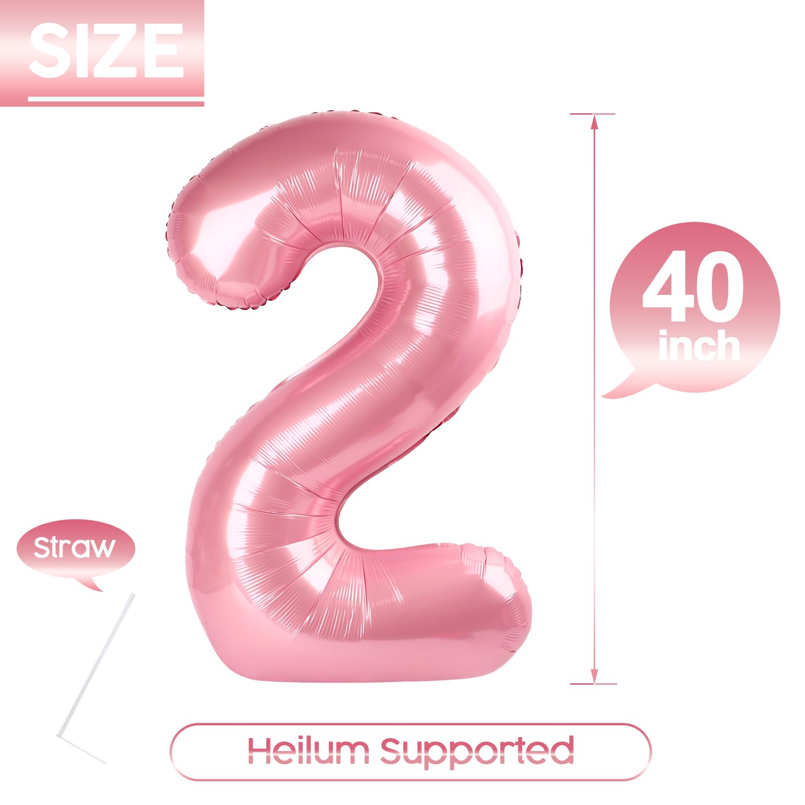 2 Balloon - Pastel Pink Birthday Number Balloons, 40 Inch Decorations