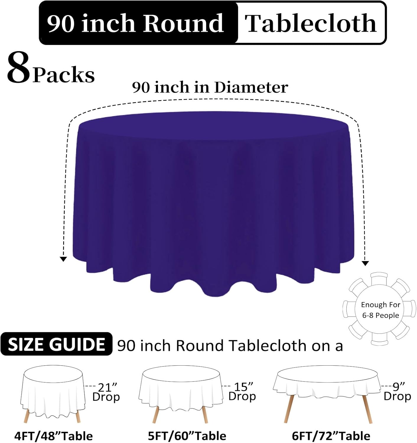 8 Pack Purple Round Tablecloth 90 Inch Stain and Wrinkle Resistant Round Purple Table Cloth Reusable and Washable Polyester Fabric Table Covers for Buffet Wedding Party and Banquet