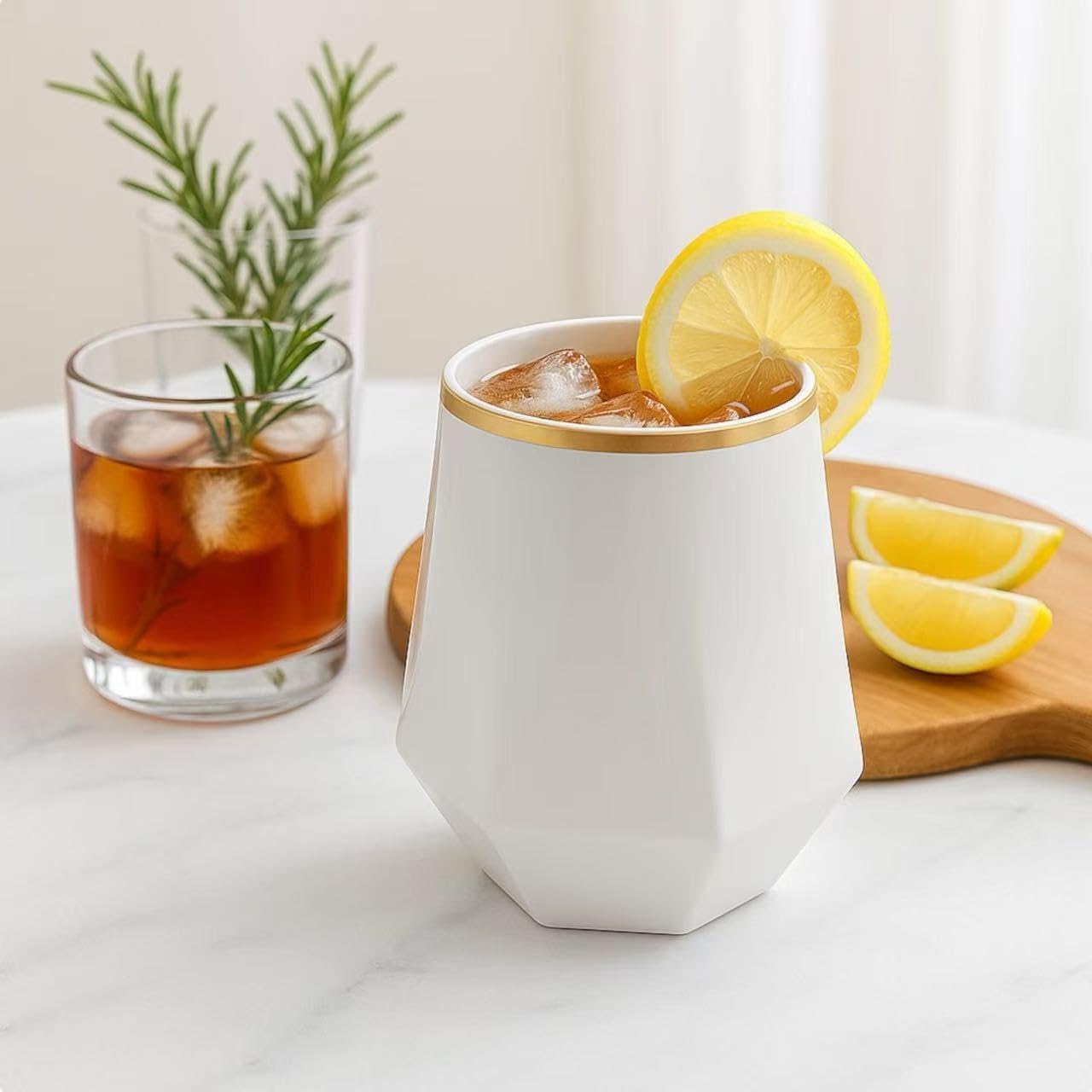 40 count Diamond Unbreakable Stemless Plastic Wine Champagne Whiskey Glasses Elegant Durable Disposable Indoor Outdoor Ideal for Home, Office, Bars, Wedding, 12 Ounce Cups (Diamond White Matte Gold)