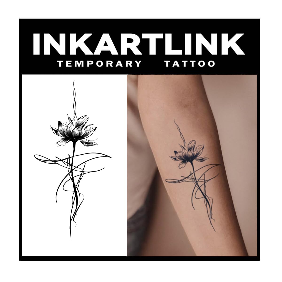 INKARTLINK Tattoo Tech, 2 Sheets Large Semi Permanent Tattoo, Adult Art Design Temporary Tattoos, Lasts 1-2 Weeks, Waterproof, Realistic Look, No Adhesive, No Reflection (Elegant Lotus Design)