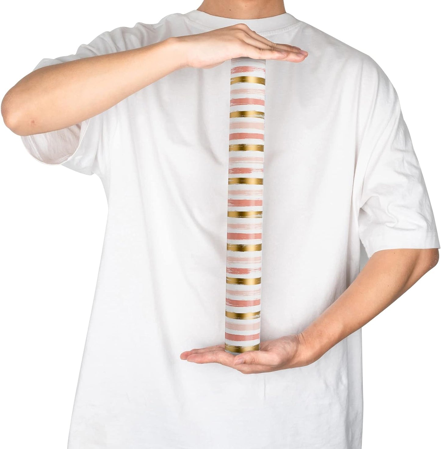 WRAPAHOLIC Reversible Pink Wrapping Paper - Mini Roll - 17 Inch X 33 Feet - Pink Gold Lines and Solid Pink Design for Girls Birthday, Baby Shower, Wedding, Bridal Shower