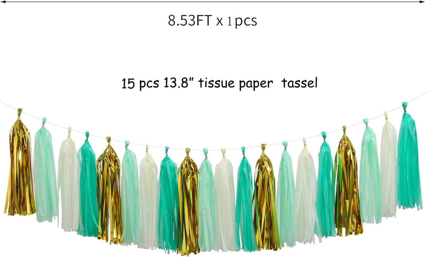 Teal-Blue Mint Beige-Gold Party-Decorations Tassel-Garland -20pcs Rustic Wedding Tassels Banner Streamers,Women Birthday Bachelorette Engagement Decor Panduola