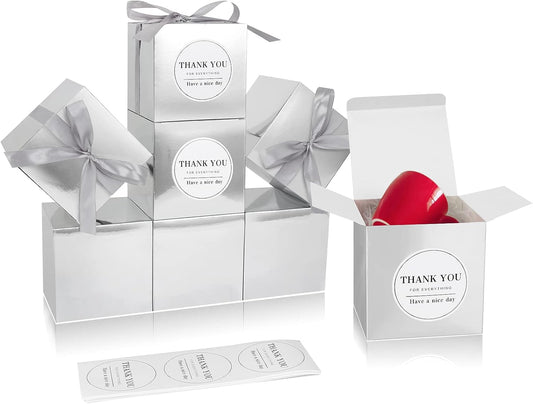 COTOPHER Small Gift Boxes 100 Pack 4x4x4 inches Silver Gift Boxes with Lids for Gifts, Crafting, Wedding Party Favor, Cupcake Boxes, Candy, Bridesmaids Proposal Box with Ribbons and Stickers (Metallic