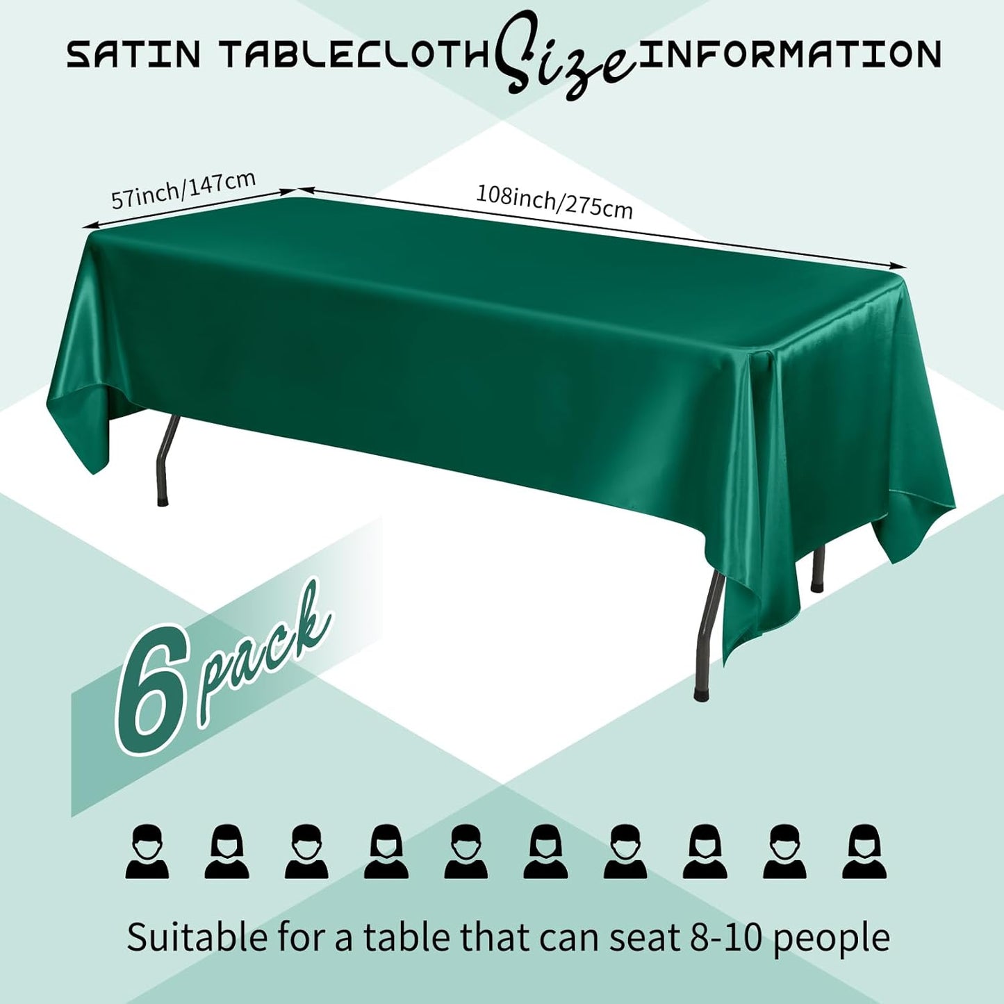 6 Packs Satin Tablecloth 57 x 108 Inch Dark Green Rectangular Table Cloth Silk Tablecloth Smooth Fabric Overlay Satin Table Cover Decoration for Wedding Party Banquet Events