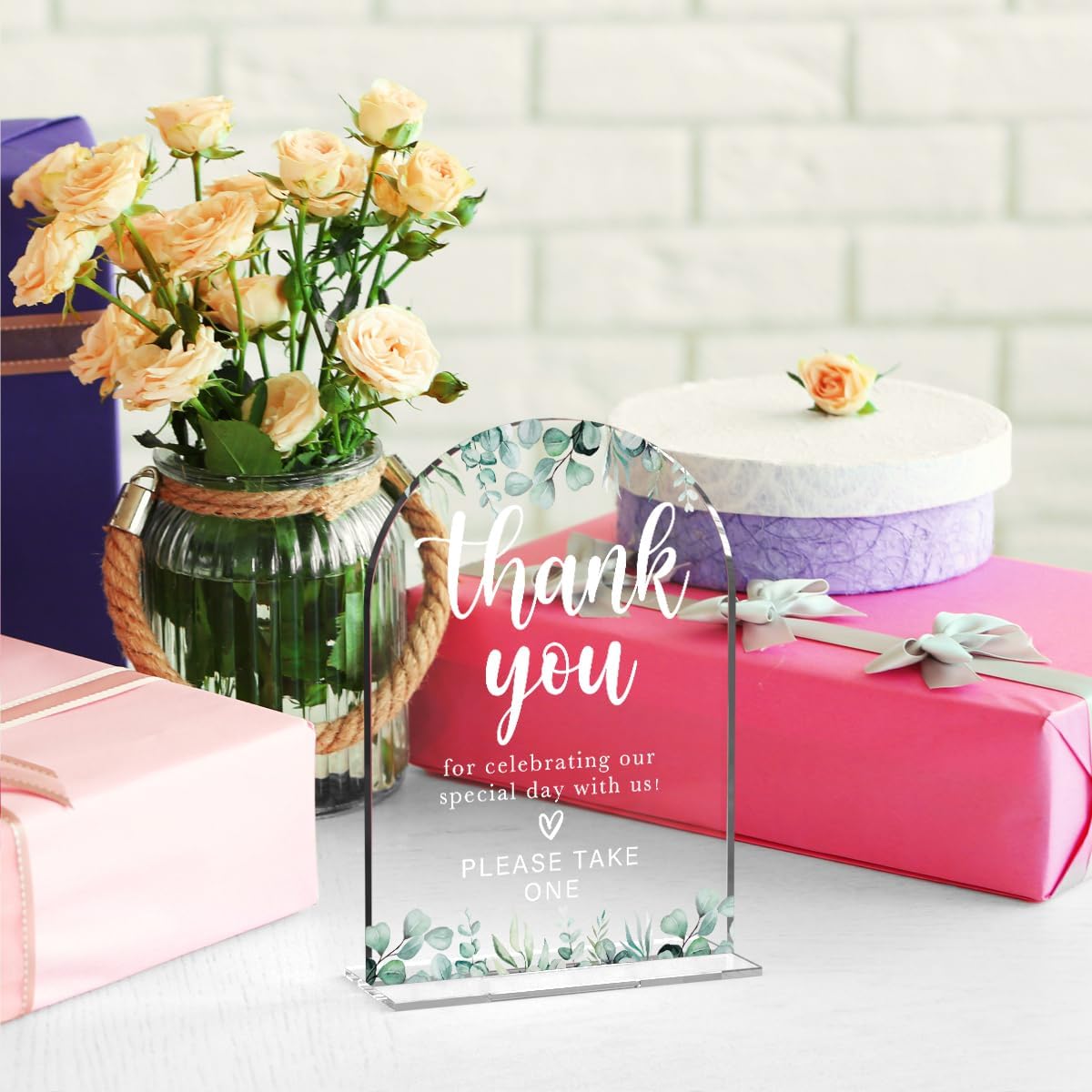 Acrylic Wedding Sign Thank You Signs for Ceremony Modern Calligraphy Arch Acrylic Table Top Signs for Wedding Reception and Event Party Table Decor (Eucalyptus Leaves)