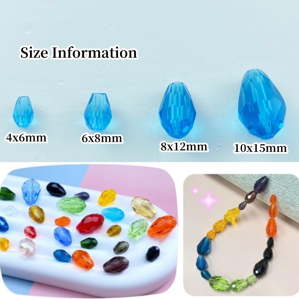 100pcs 8x12mm Teardrop Crystal Glass Beads Vertical Hole Faceted Glass Teardrop Spacer Beads for Bracelets Necklace Earring DIY Jewelry Making Craft(Lake Blue)