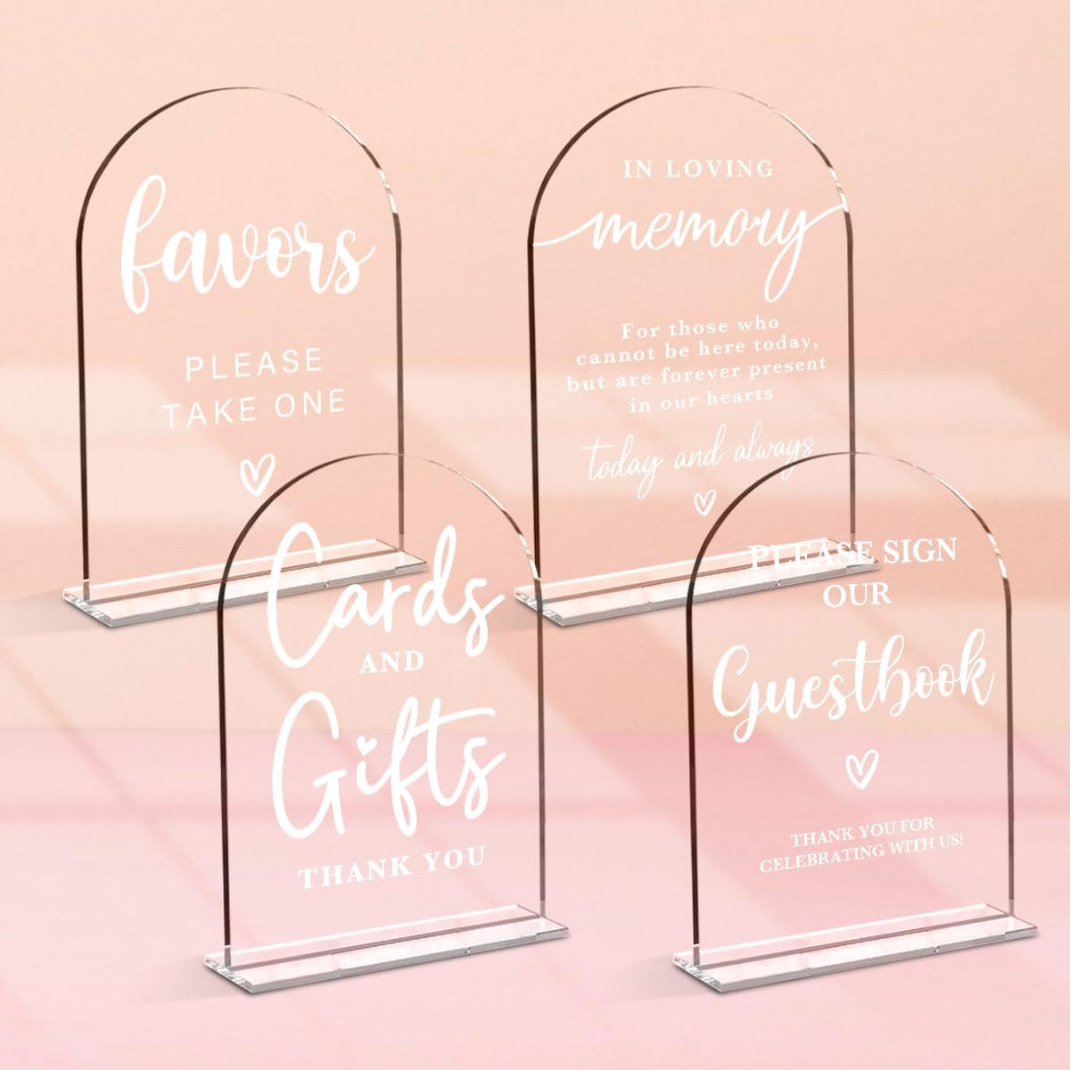 4 Pcs Acrylic Wedding Signs for Ceremony and Reception, Bridal Shower Decorations, Cards and Gifts Signs, Guest Book Sign, Arch Acrylic Table Top Sign with Holder for Wedding Reception (Clear)