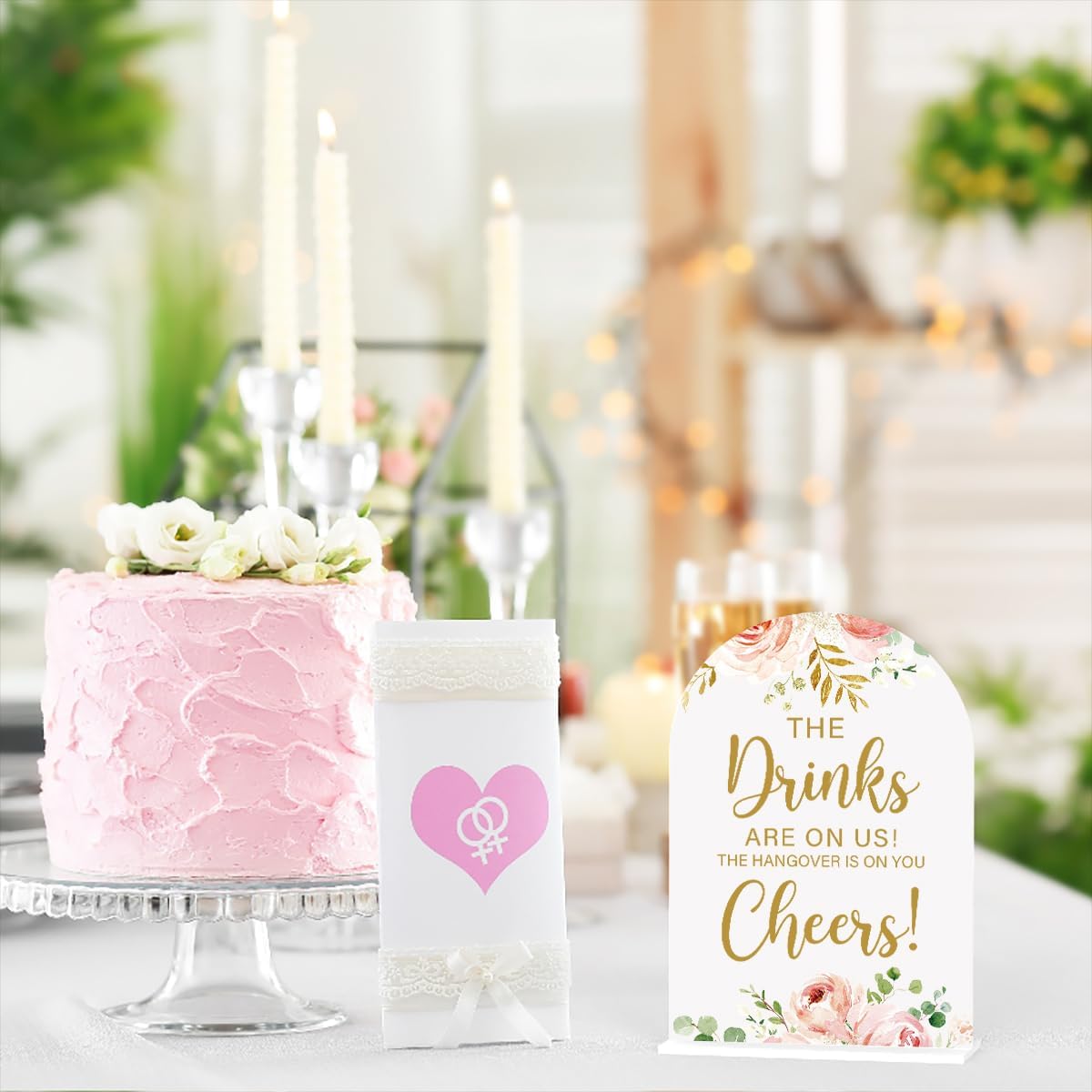 Acrylic Wedding Signs, Bridal Shower Decorations, The Drinks Signs for Reception, Modern Calligraphy Arch Acrylic Table Top Sign for Wedding Reception and Engagement Parties (Pink Flowers)
