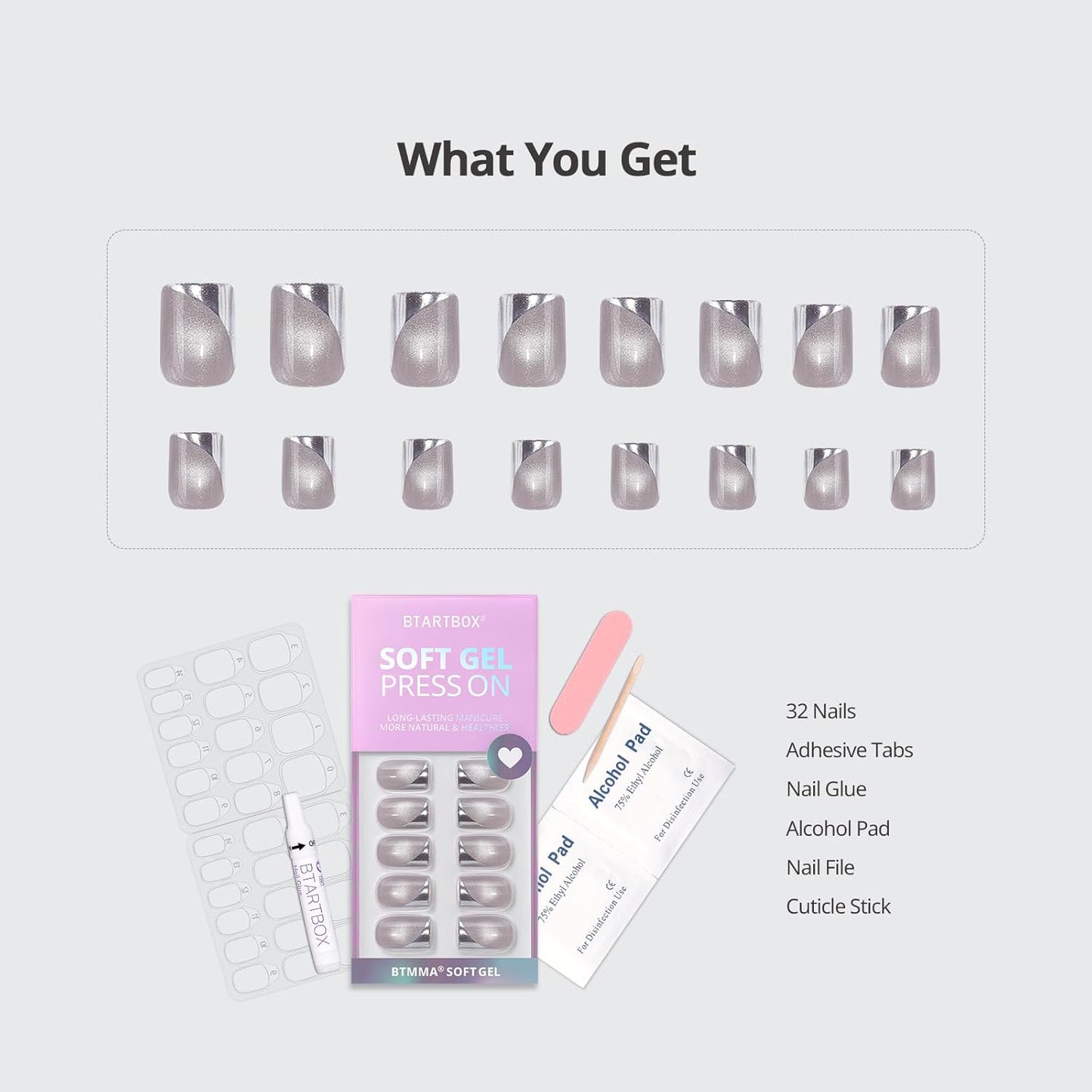 BTArtbox French Tip Press On Nails - Metallic Cat Eye Short Square Press On Nails with Glue for Women, Opaque Soft Gel Glue On Nails in 16 Sizes - 32 Stick On Nails Kit, Gleaming