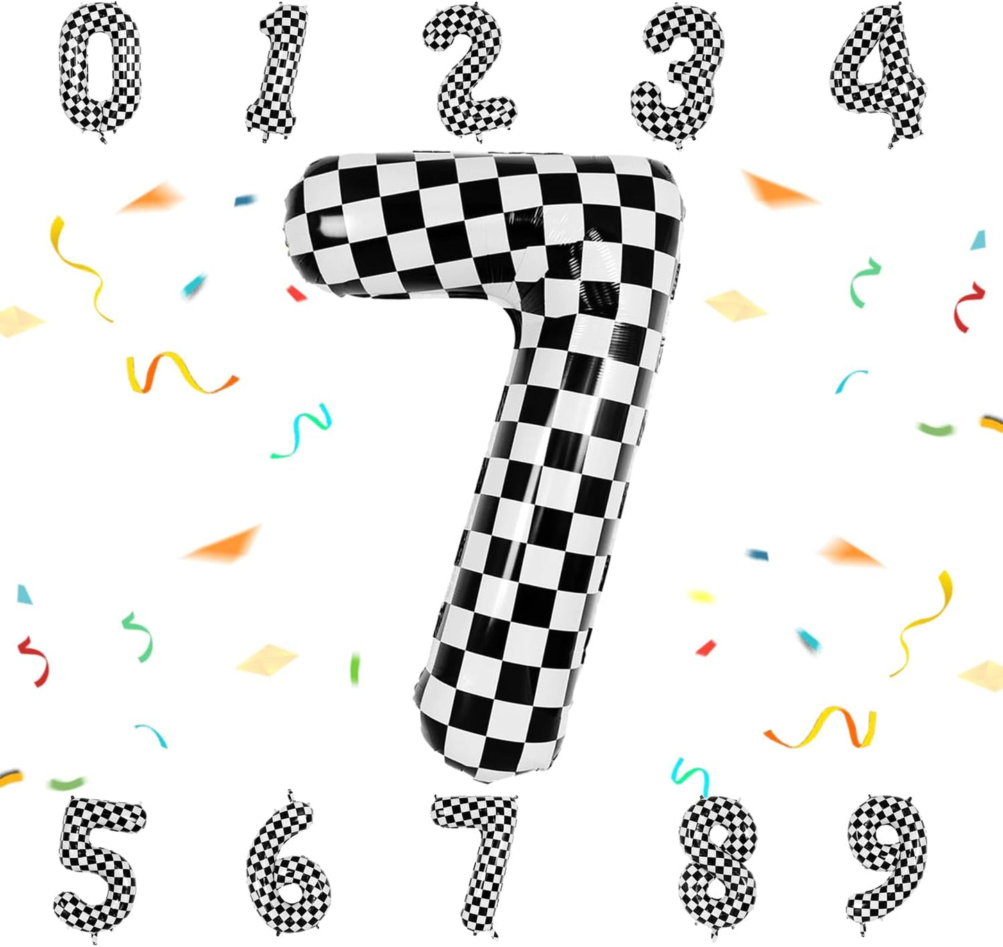 40 Inch Checkered Number Balloon - Race Flag Pattern Big Helium Balloon for Birthday Party Decorations - Black & White Balloon for Kids Adults Party Supplies (Racing Car, Number 7)