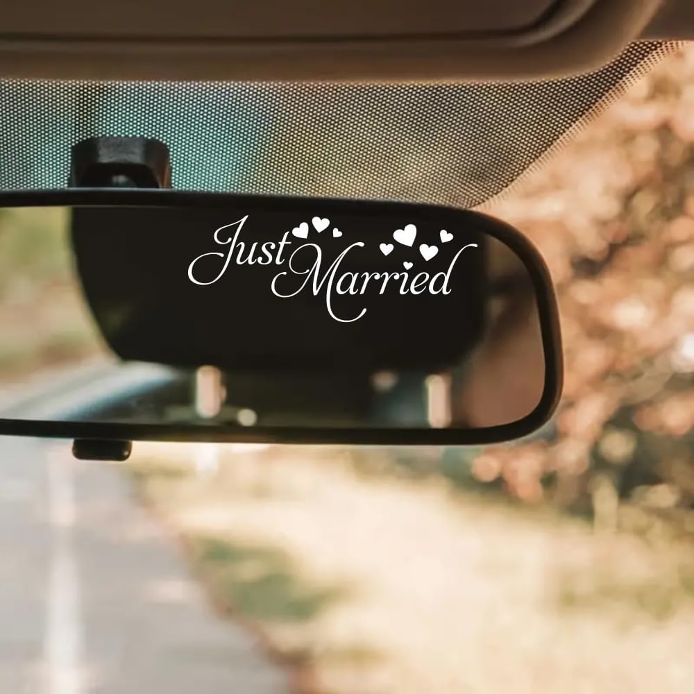 3pcs Just Married Vinyl Decal – Romantic Car Mirror Sticker in Artistic Font – Wedding Day or Honeymoon Vehicle Decoration for Bride and Groom – Removable Waterproof Vinyl – 4.7 Inch (wll013-white)