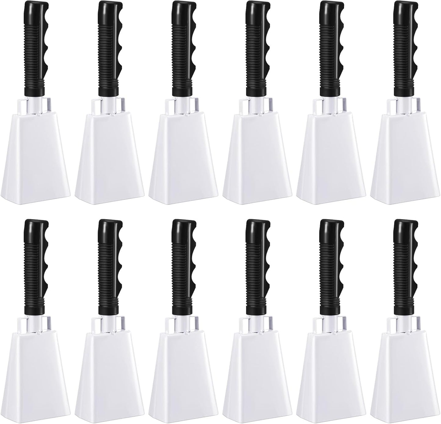Pelopy 12 Pcs Large Cow Bell 9 '' Cowbell with Handle Cowbells for Sporting Events Hand Percussion Cheering Bell Chimes for Football Game, Alarm Loud Noise Makers, Musical Instrument(White)