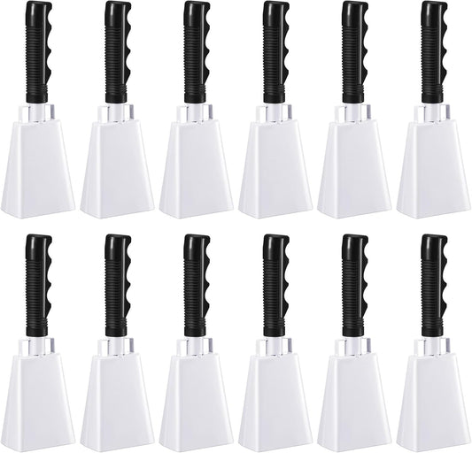 Pelopy 12 Pcs Large Cow Bell 9 '' Cowbell with Handle Cowbells for Sporting Events Hand Percussion Cheering Bell Chimes for Football Game, Alarm Loud Noise Makers, Musical Instrument(White)