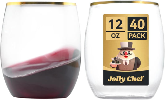 JOLLY CHEF 12 oz 40 Pack Gold Plastic Wine Glasses Stemless, Shatterproof, Unbreakable, Crystal, Disposable Plastic Wine Cups for Party, Halloween, Christmas