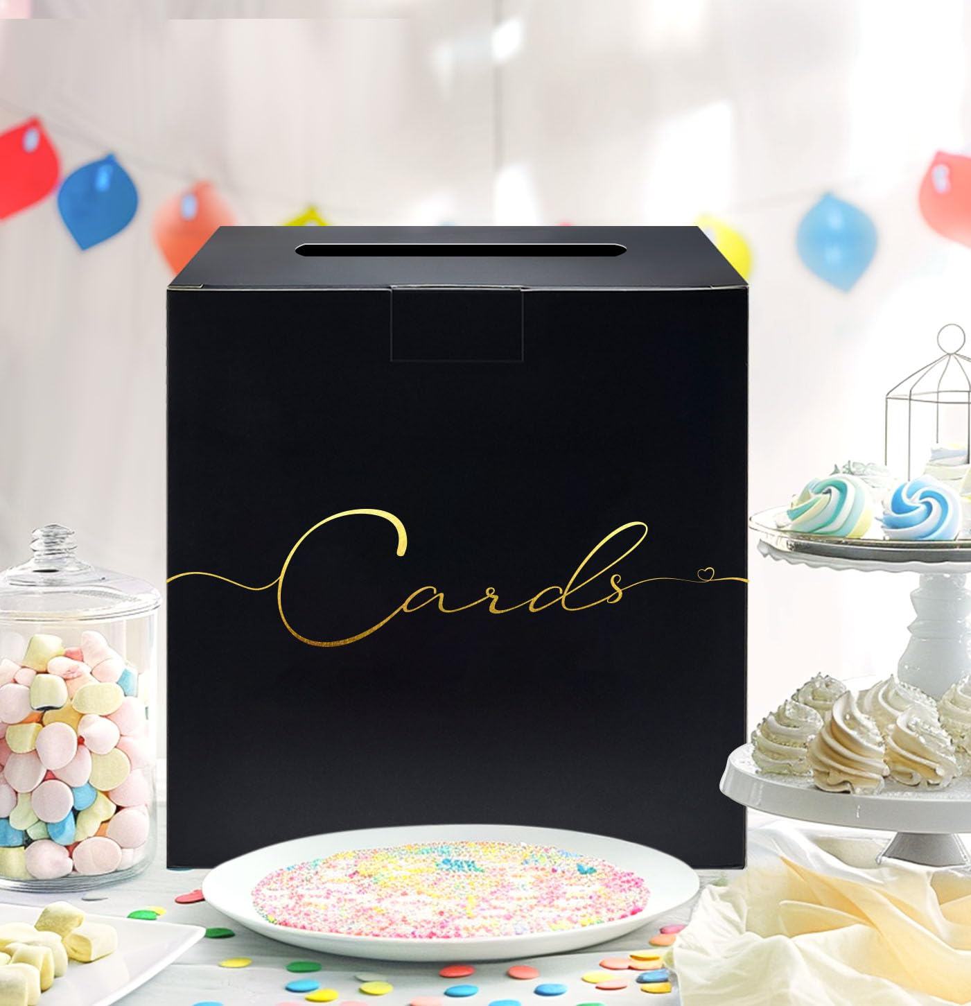 HEIPINIUYE Large Card Box for Party 9.8" x 9.8" Black Gift Card Box Holder with Gold Foil Design