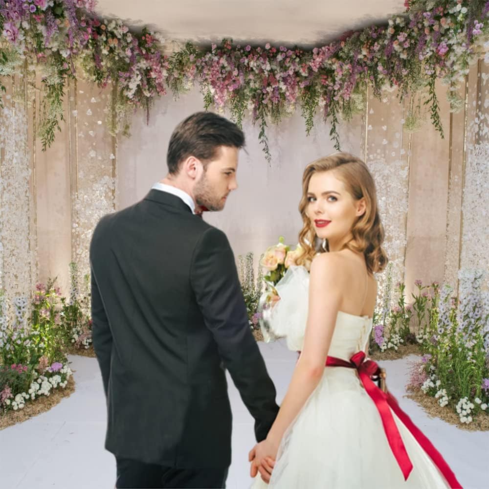 Renaiss 5x5ft Wedding Backdrop Romance Archway Flowers Blossom Sequins Curtain Cradle Ceremony Bridal Shower Photography Background for Anniversary Marriage Party Decor Photo Studio Props