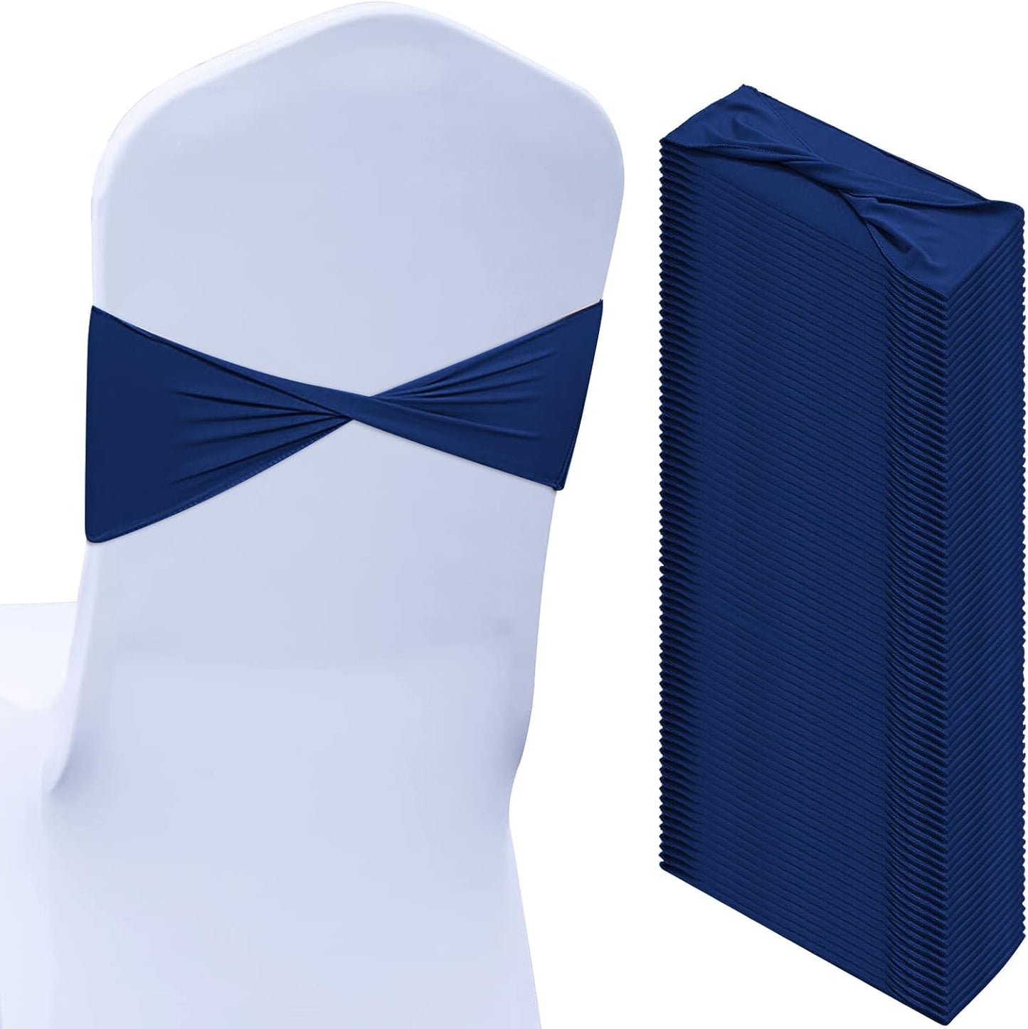 Kinlop 50 Pcs Spandex Chair Sashes Bows Chair Bands Slider Sashes for Covers Elastic Bands Ties Without Buckle Decorations for Wedding Party Events Ceremony Birthday(Navy Blue)