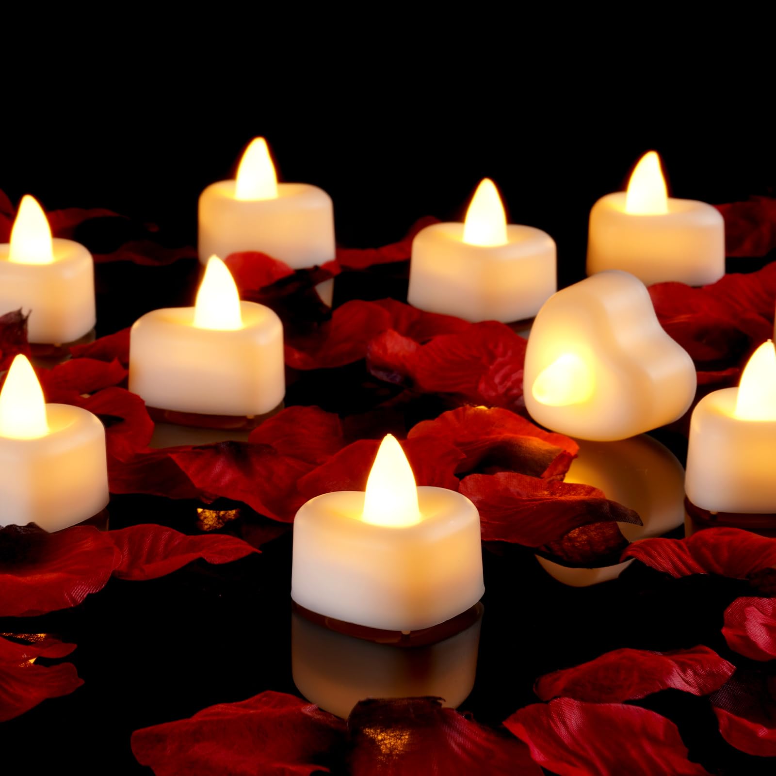 Amagic 1000 Pieces Artificial Rose Petals with 12 Heart LED Tea Lights Candles Kit, Rose Petals and