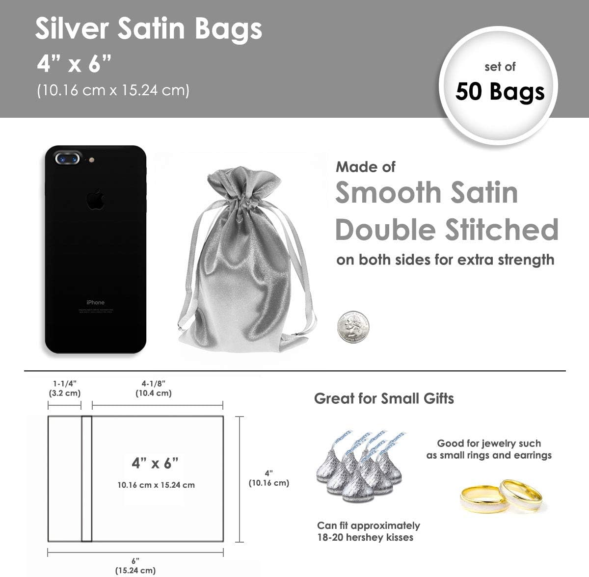 Silver Satin Gift Bags - 4" x 6" Jewelry, Wedding Favor, Baby Shower & Bags - 50 per Pack