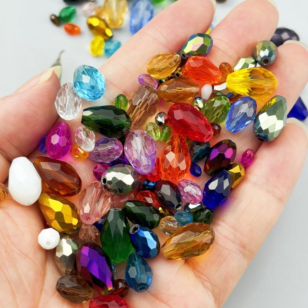 100pcs 8x12mm Teardrop Crystal Glass Beads for Jewelry Making, Faceted Vertical Hole Teardrop Glass Spacer Beads for Wind Chimes Bracelet Earring Necklace DIY Craft(Mix Colors)