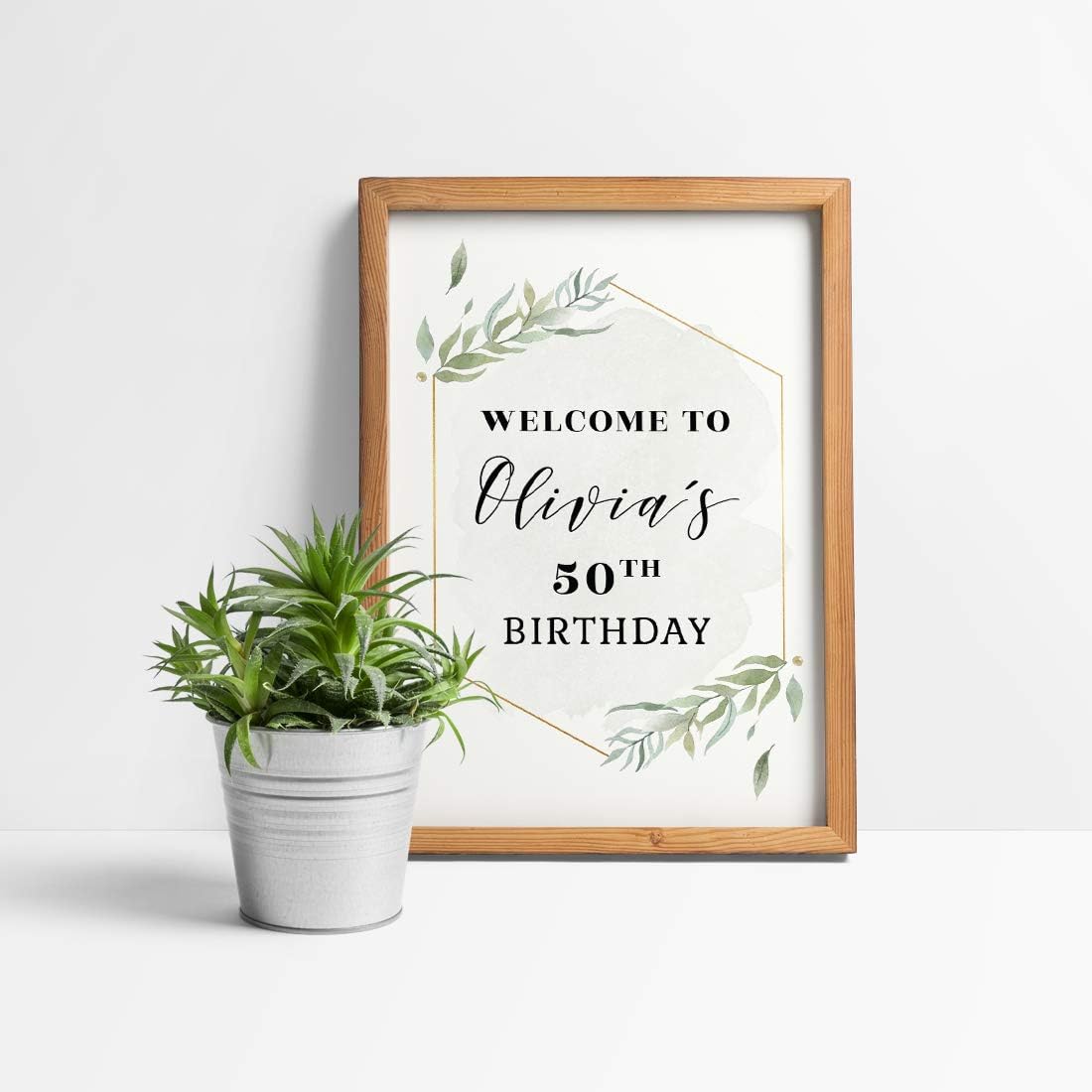 Andaz Press Personalized Extra Large Birthday Easel Board Party Sign, 12x18-inch, Modern Black, Gold with Green Leaves Florals, Welcome to Olivia's 50th Birthday, 1-Pack, Custom Name Age