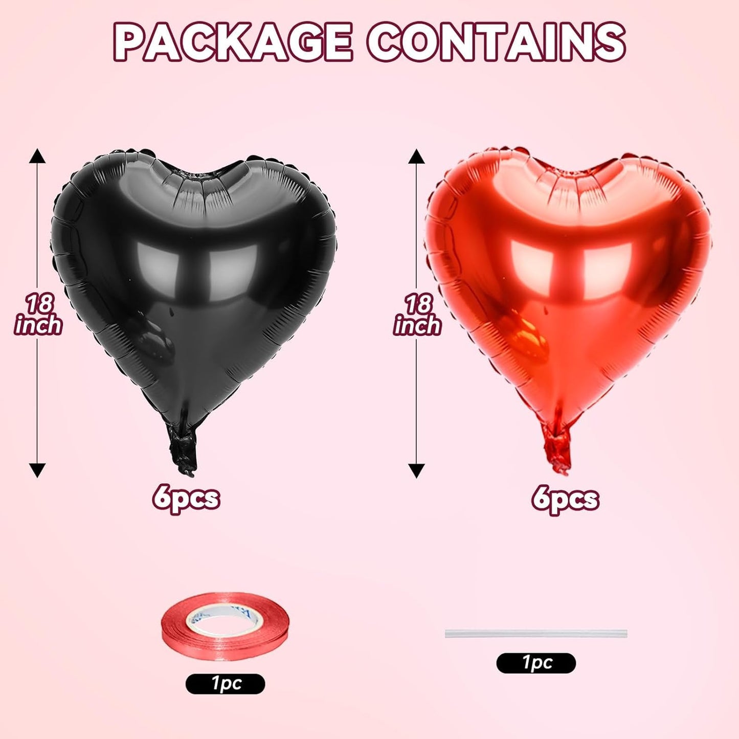 12 Pcs Heart Balloons, 18 inch Valentine's Day Heart Shaped Balloons, Red Black Foil Helium Balloon, Love Foil Balloon for Valentine's Day Wedding Baby Shower Party Decorations