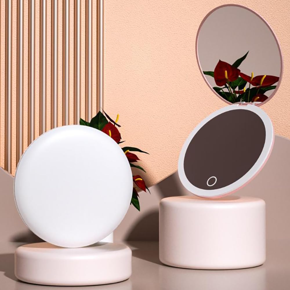 LED Mini Makeup Mirror, Compact Folding Travel Mirror with Touch Control, Round (White, 3.5 inch)
