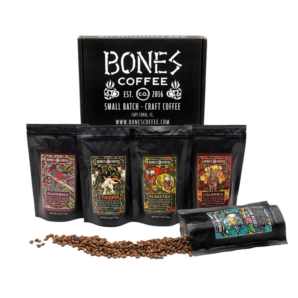 Bones Coffee Company NEW World Tour Sample Pack, Single-Origin Flavored Coffee Medium Roast Arabica Beans Specialty Coffee Gifts Compatible Auto Drip and French Press, 4 oz Pack of 5 Whole Bean