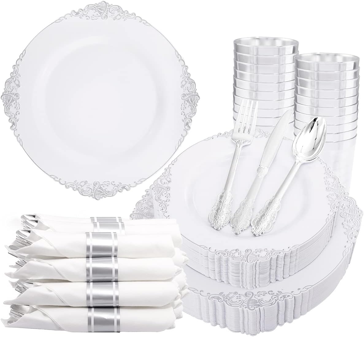 Liacere 350PCS Silver Plastic Plates&Pre Rolled Napkins for 50 Guests - Plastic Dinnerware Sets 100Silver Disposable Plates, 150Silver Silverware, 50Cups and 50Napkins for Wedding