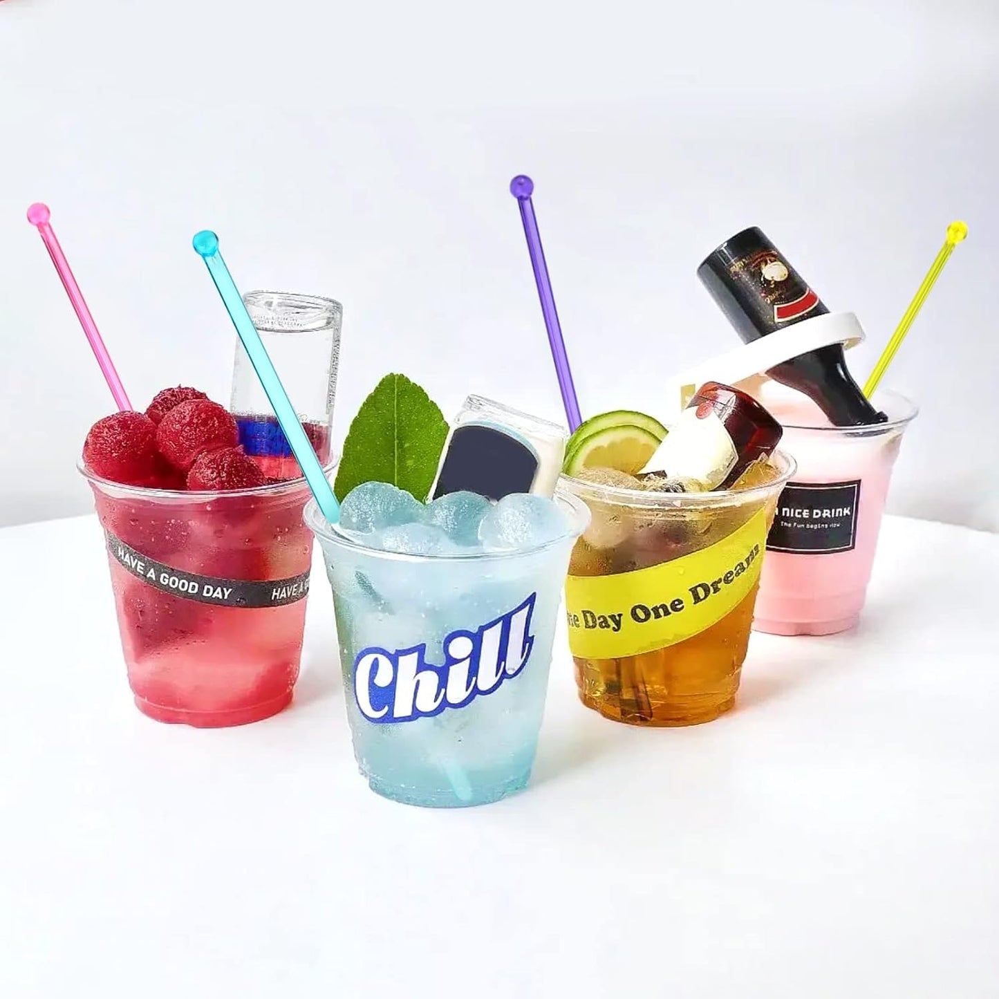 100-PCS 5 Colol Plastic Swizzle Sticks, Crystal Cake Pops, Cocktail Coffee Drink Stirrers, Stir Sticks, 7.24 Inch (Pink, Yellow, Blue, Purple, Green)