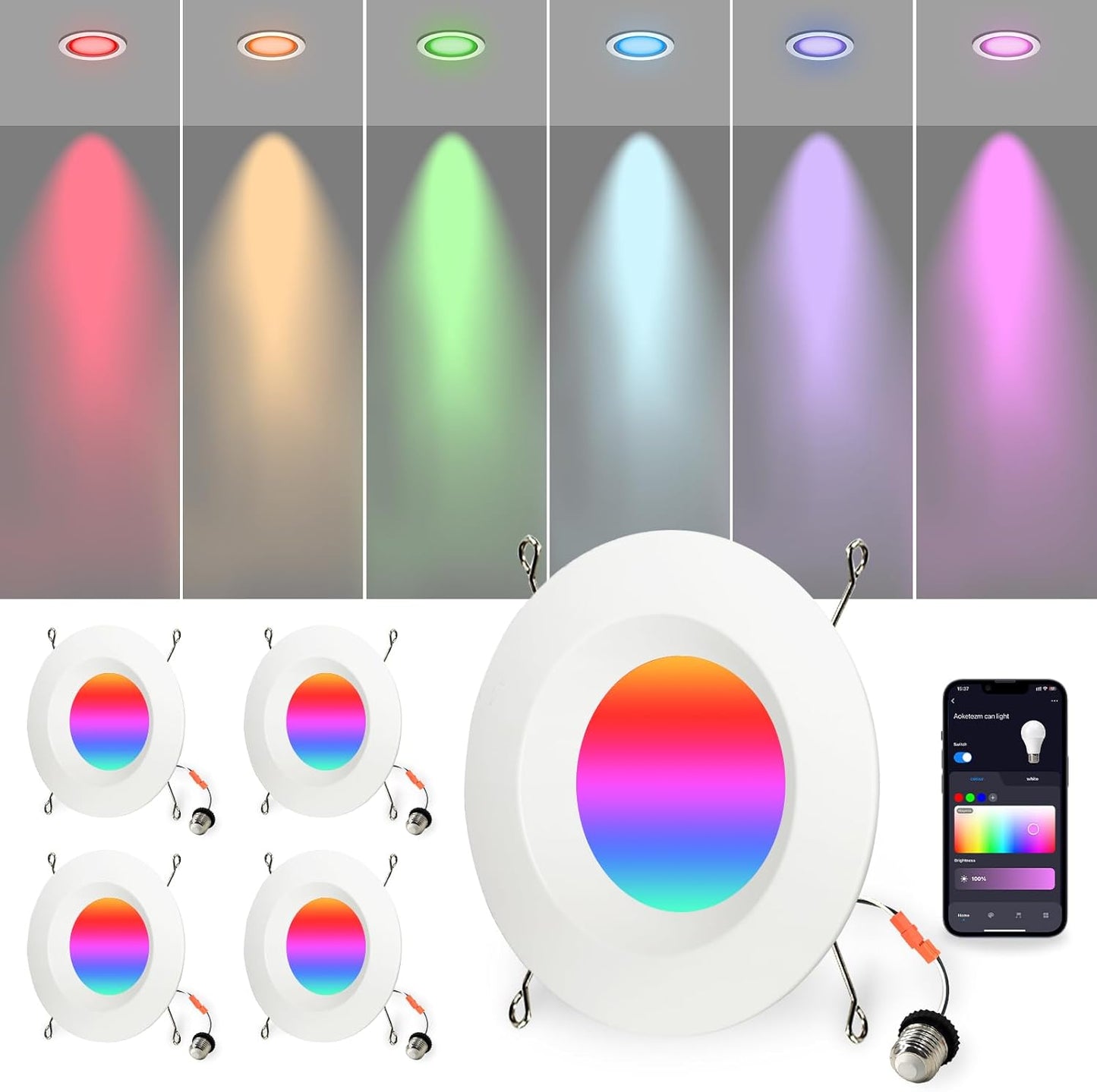 6 inch Smart LED Can Lights with Remote, RGB Color Changing Bluetooth Baffle Trim Downlight, 13W 1050LM LED Recessed Lighting, Compatible with Alexa, Google Home and Siri, 4 Pack