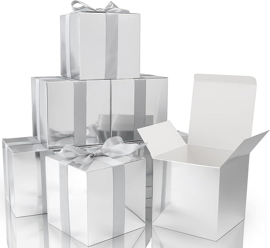 COTOPHER Small Gift Boxes 25 Pack 5x5x5 inches Silver Gift Boxes with Lids for Gifts, Crafting, Wedding Party Favor, Cupcake Boxes, Candy, Bridesmaids Proposal Box with Ribbons and Stickers