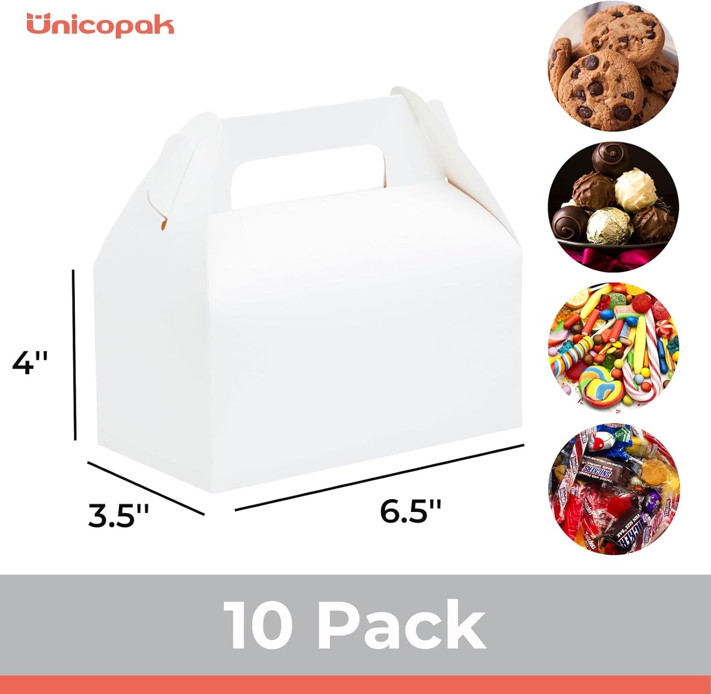 UnicoPak 10 Pack White Gable Treat Boxes Party Favor Boxes Goodie Gift Boxes for Snacks Cookie Candy Toys Birthday Party Wedding Holidays 6.5x3.5x4 Inches