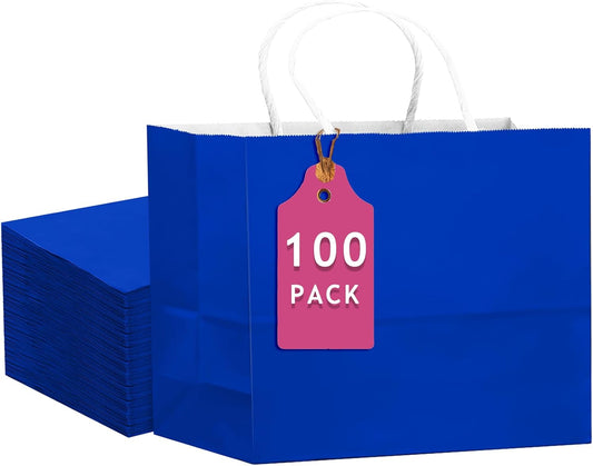 qiqee 100PCS Large Gift Bag with Handles Bulk 13"x4.5"x10" Gift Bags Diamond Blue Multiple Uses (32x11x25cm,Wide Large)