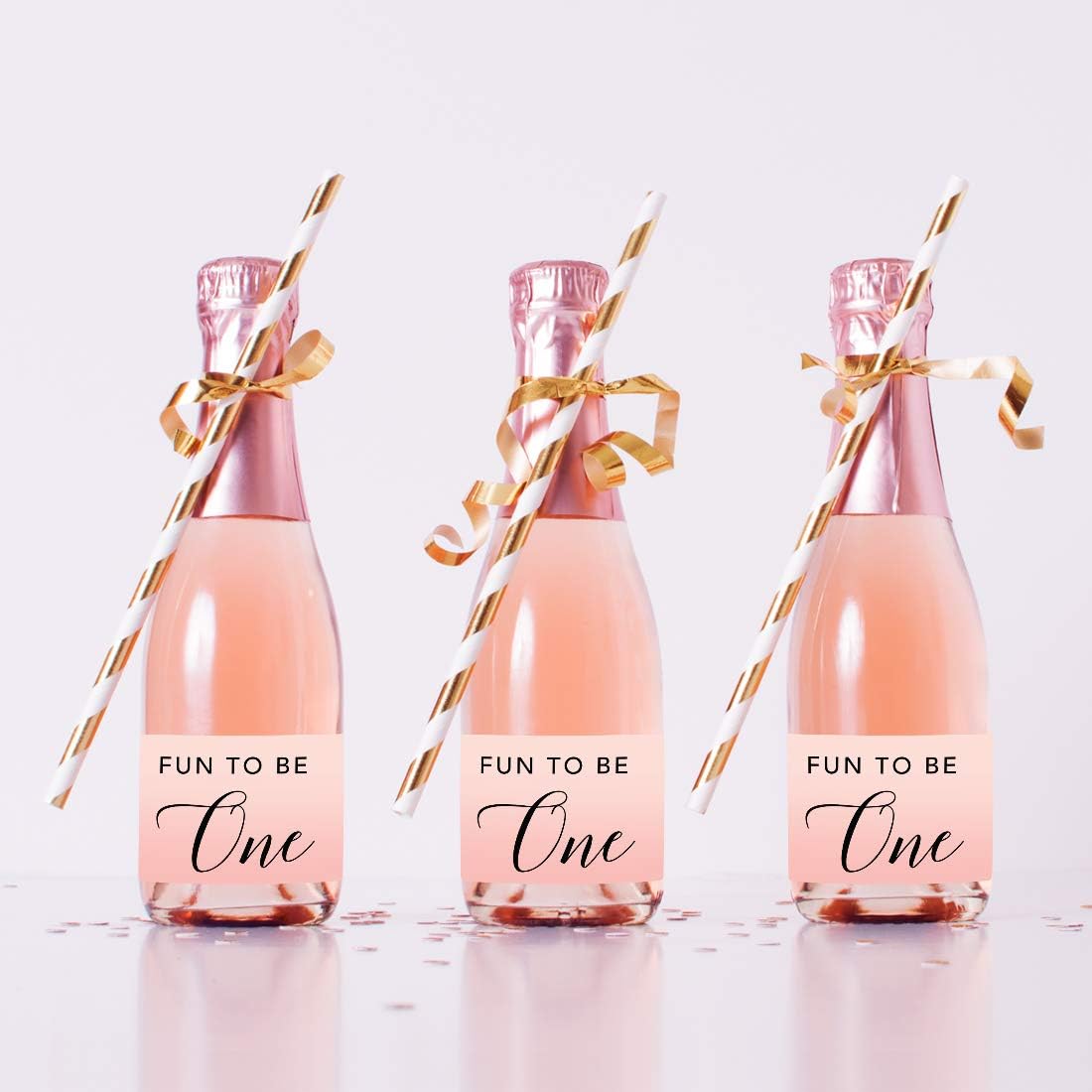 Andaz Press Blush Pink Rose Elegant Party Baby Girl's 1st Birthday Collection, Waterproof Mini Champagne Wine or Milk Bottle Labels, Fun to Be One, 20-Pack, Party Favors Decor Gift Ideas
