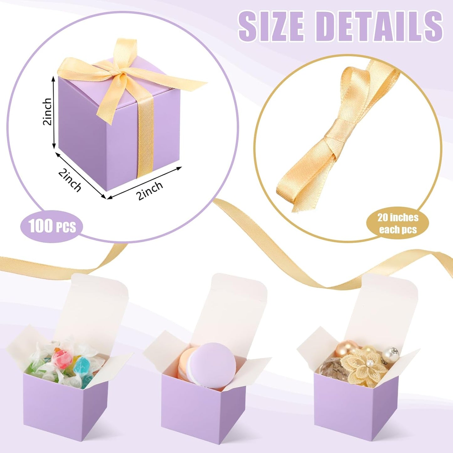 Jutom 100 Pcs Mini Favor Boxes Extra Small Candy Boxes Paper with Gold Ribbon for Christmas Thanksgiving Day Birthday Wedding Anniversary Supplies(2 x 2 x 2 Inch,Lavender)