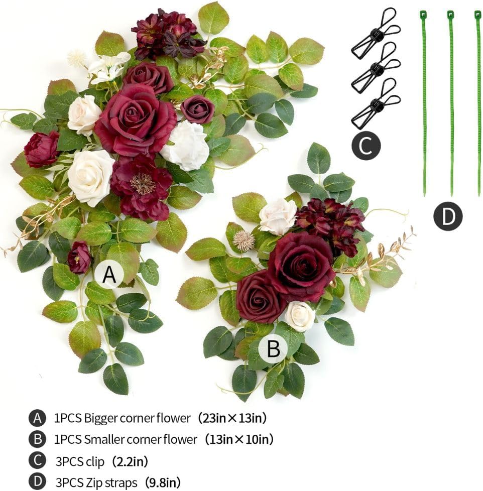 Wedding decor (pack of 2) Welcome Sign Flower Backdrop Garland For Ceremony Reception Wall Easel Home Decoration Entryway Faux Outdoor Board Head Table Decor (Burgundy & White)