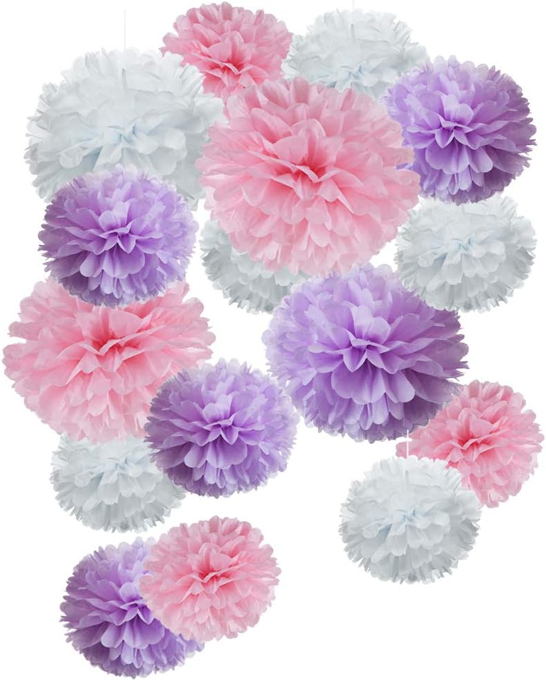 Paper Flower Tissue Pom Poms Baby Shower Party Favors (pink,purple,white,18pc)