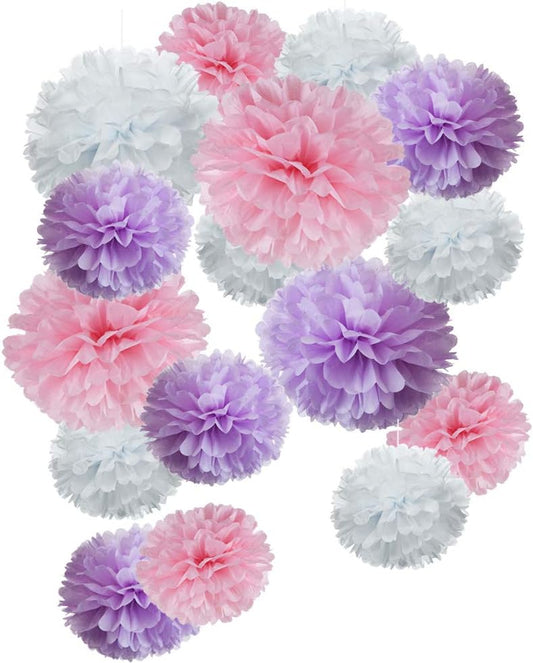Paper Flower Tissue Pom Poms Baby Shower Party Favors (pink,purple,white,18pc)