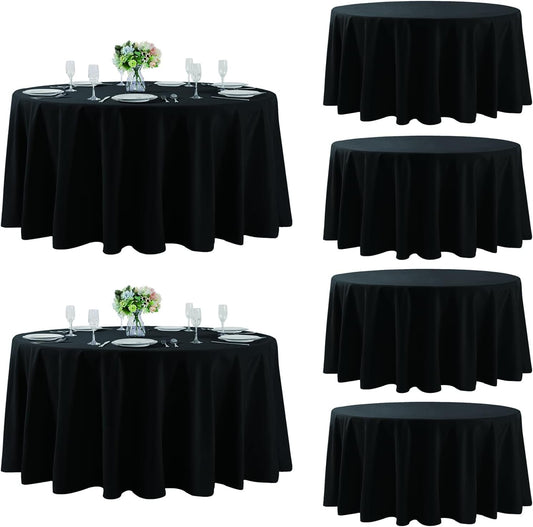 Fokitut 6 Pack Round Tablecloth, 120 Inch, Stain Resistant and Wrinkle Polyester Table Cloth, Fabric Table Cover for Kitchen Dining, Wedding, Party, Holiday Dinner-Black
