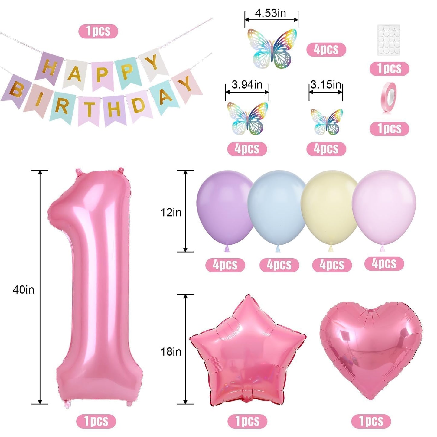 1st Birthday Decoration for Girls, Pastel Macaron 1st Birthday Balloon, Pink Number 1 Balloon with