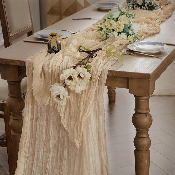 12 Pack Beige 10 Ft Cheesecloth Table Runner 20x121 Inch Boho Wrinkled Sheer Romantic Gauze Decor for Wedding, Bridal Shower, Birthday Party