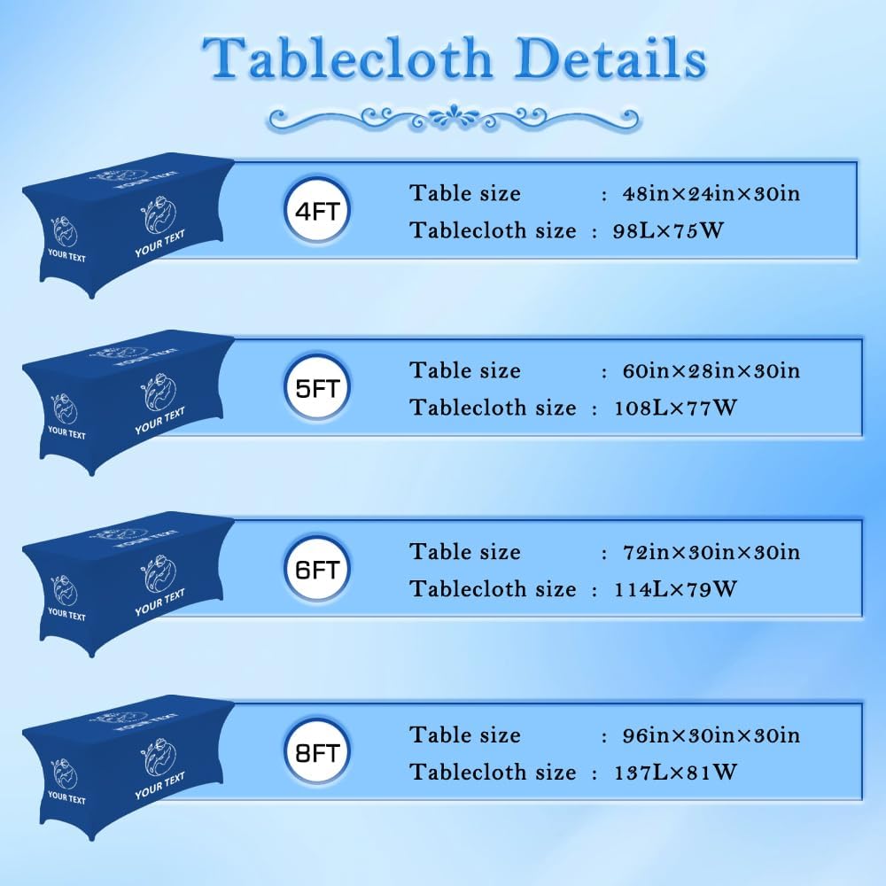 Custom Table Cloth with Business Logo 4FT 5FT 6 FT 8 FT Spandex Customized Table Cover Stretch for Tradeshow Events Birthday Wedding Anniversary Mantel Personalized Table Cloth (8FT)