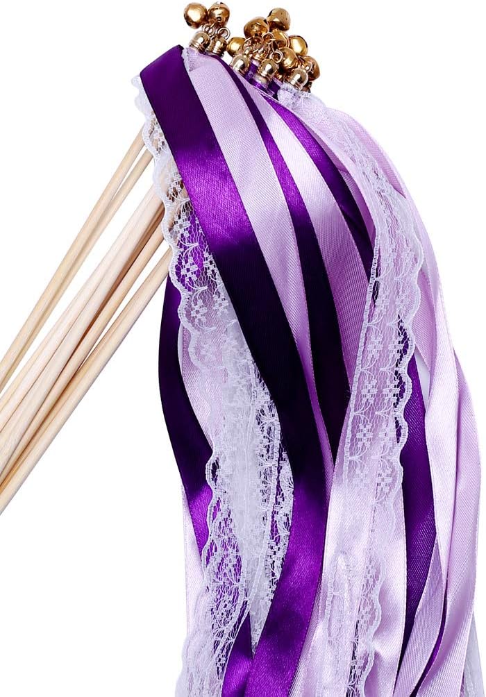 30pcs Lace Ribbon Stick Wands Christmas Birthday Party Streamers Wands Fairy Stick for Wedding Activities (Pruple+Lace)