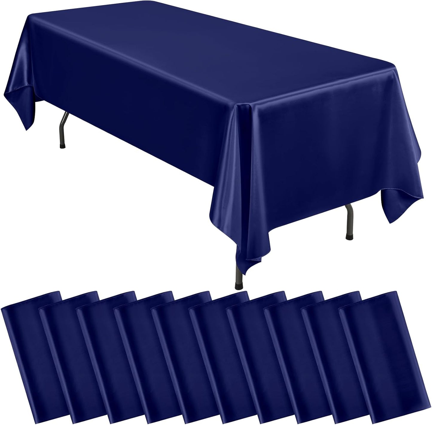 10 Packs Satin Tablecloth 57 x 108 Inch Navy Blue Rectangular Table Cloth Silk Tablecloth Smooth Fabric Overlay Satin Table Cover Decoration for Wedding Party Banquet Events