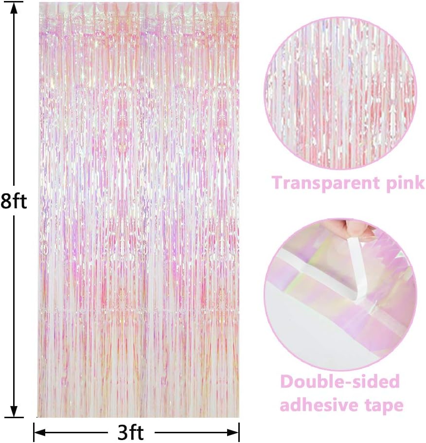 BTSD-home 4 Pack Iridescent Backdrop Transparent Clear Foil Fringe Curtain, Metallic Photo Booth Tinsel for Mermaid Frozen ERAS Wedding Birthday Baby Shower Bachelorette Party Decorations(8ft x 3ft)