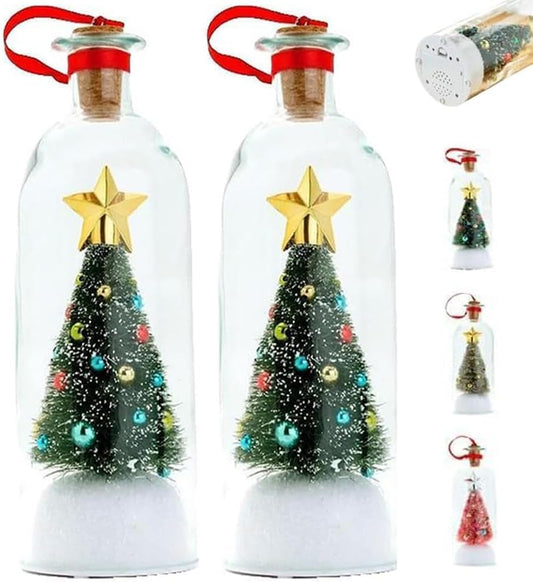 Christmas Tree Message in a Bottle, Recordable Christmas Tree Voice Message Bottle Ornament for Tabletop, Holiday Memories, Snowy Scene in Nostalgic Bottle, Christmas Trees Decoration Gift (2 pcs)