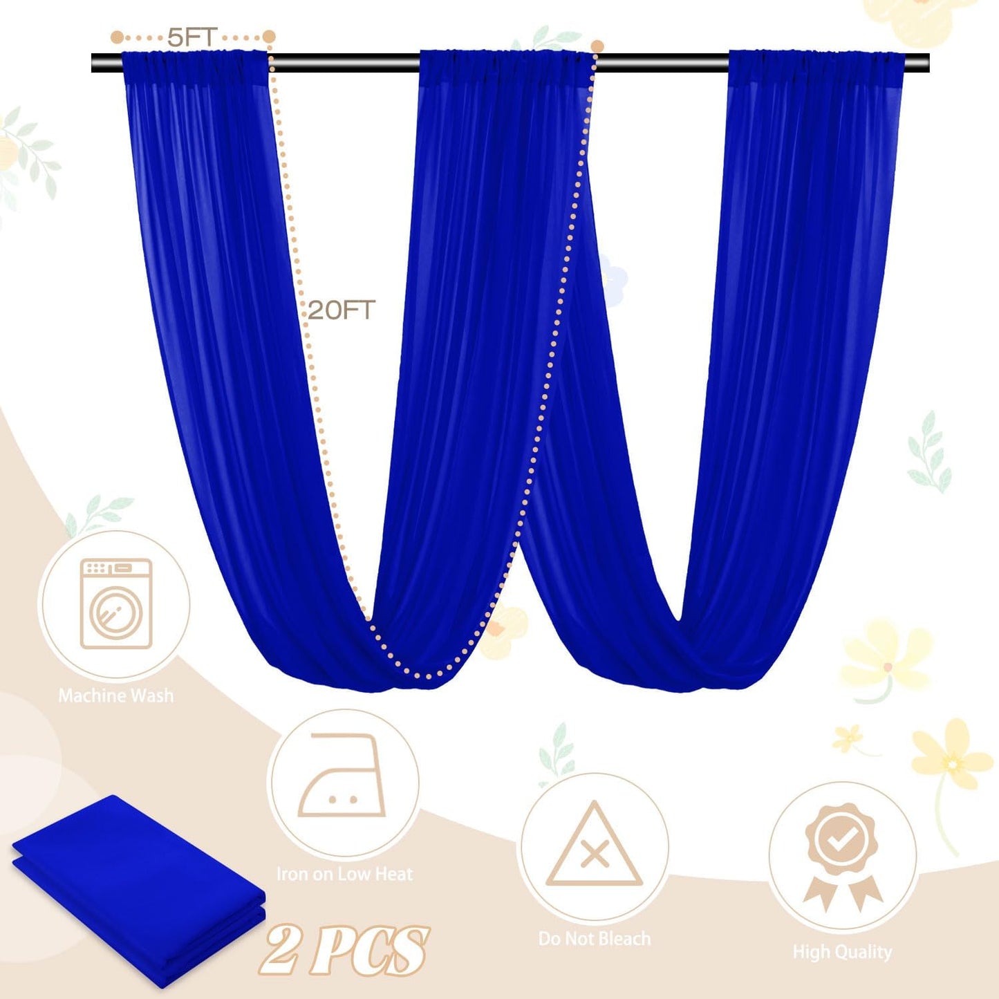 Blue Ceiling Drapes Wedding Arch Drapes Fabric 2 Panels 5FTx20FT Draping Fabric for Wedding Party Ceiling Decorations Arch Backdrop Chiffon Curtains Sheer Fabrics for Canopy Bed Outdoor Tent Decor